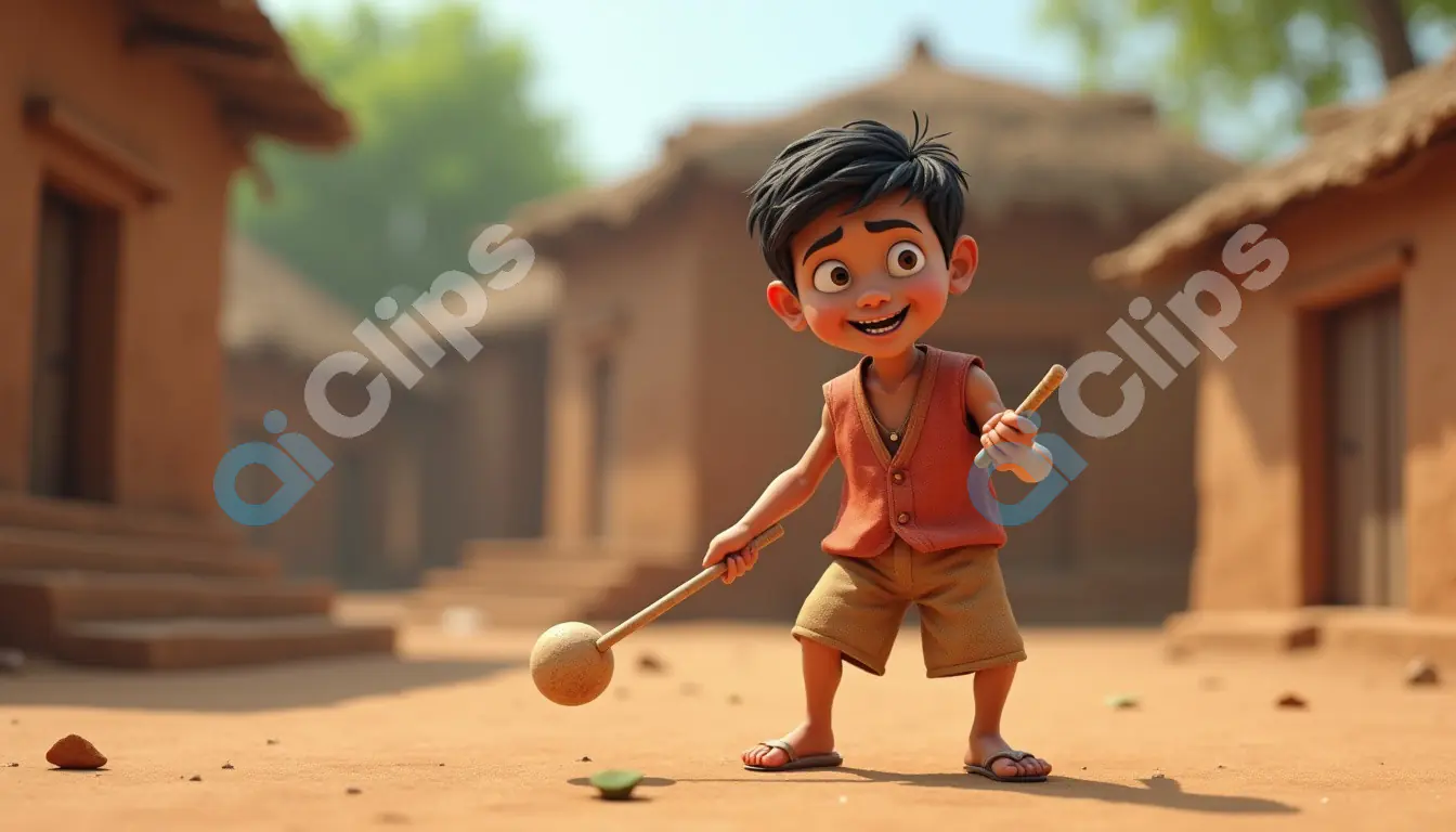 Village Boy Playing with Traditional Toy - 3D Rural Life Illustration