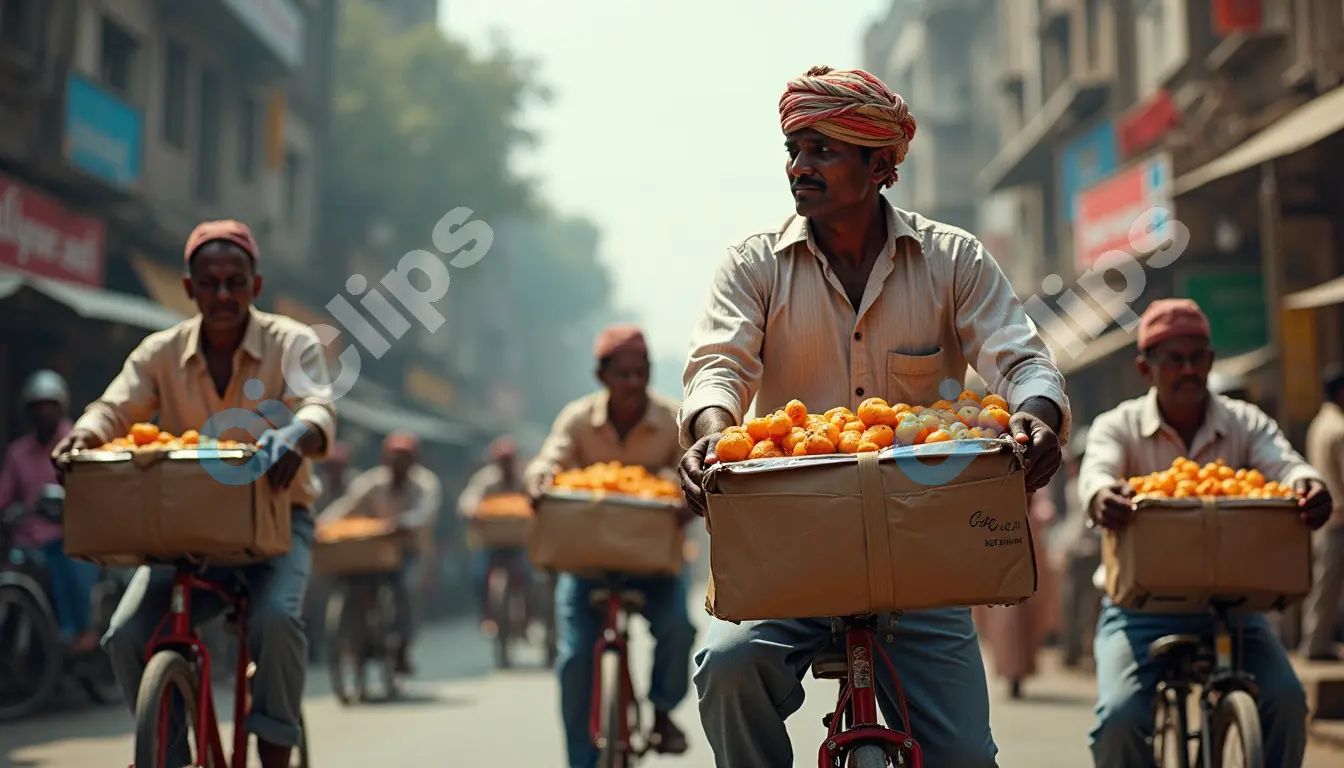 Street Vendors on Bicycles Delivering Fresh Oranges in Indian Market