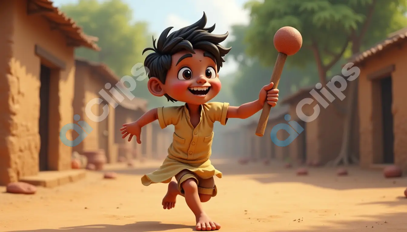 Joyful Village Boy Running with Traditional Toy - 3D Illustration