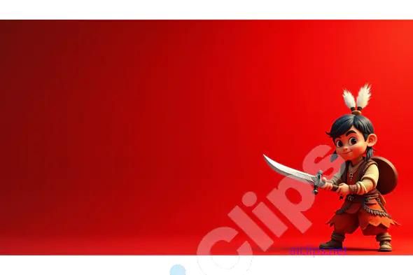 Cartoon Warrior Kid with Sword on Red Background