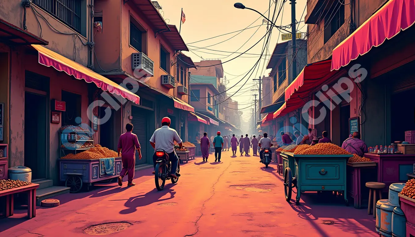 Bustling Indian Market Street at Sunset
