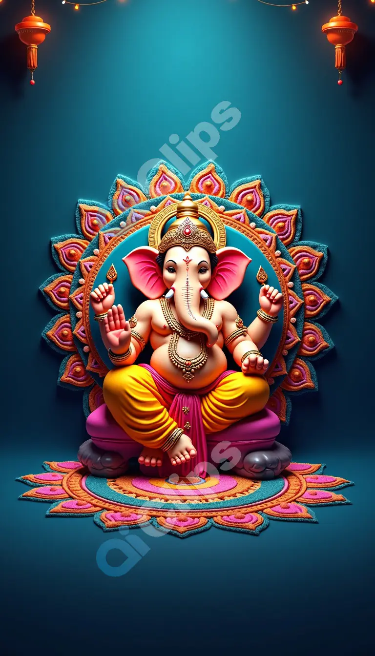 Majestic Lord Ganesha 3D Illustration with Rangoli and Lanterns