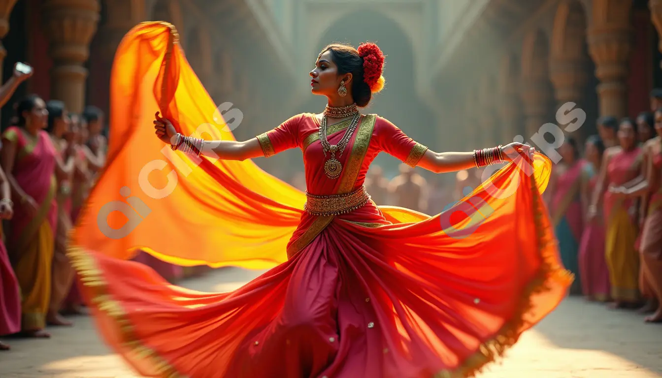 Traditional Indian Dance in Flowing Red Sari - Cultural Performance