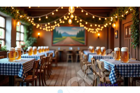 Cozy Bavarian Beer Hall with Blue Checkered Tables and Festive Lights