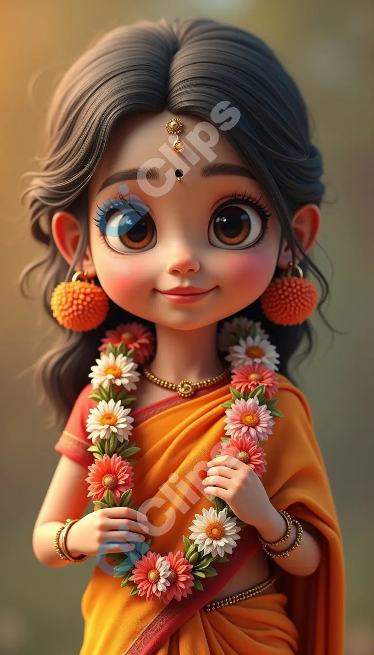 Traditional Indian Girl with Floral Garland in Orange Saree