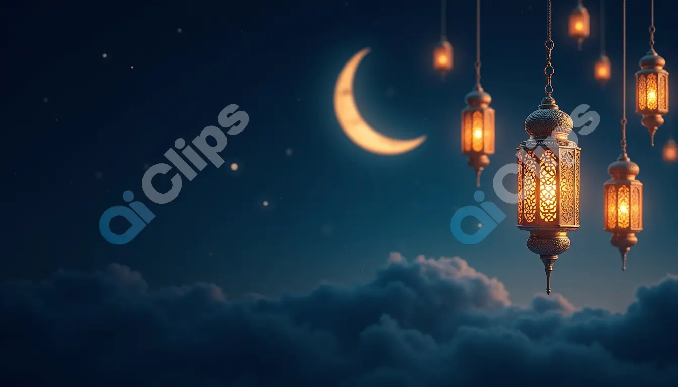 Ramadan Lanterns with Crescent Moon in Night Sky