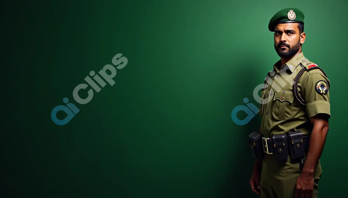 Indian Paramilitary Officer in Green Uniform on a Green Background