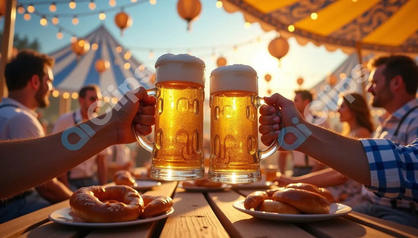 Cheers at Oktoberfest with Beer and Pretzels