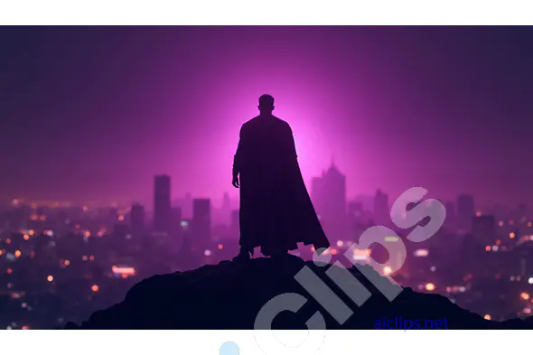 Superhero Silhouette Overlooking City at Night
