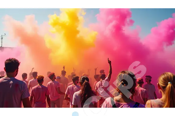 Holi Festival Crowd with Vibrant Clouds of Pink and Yellow Powder