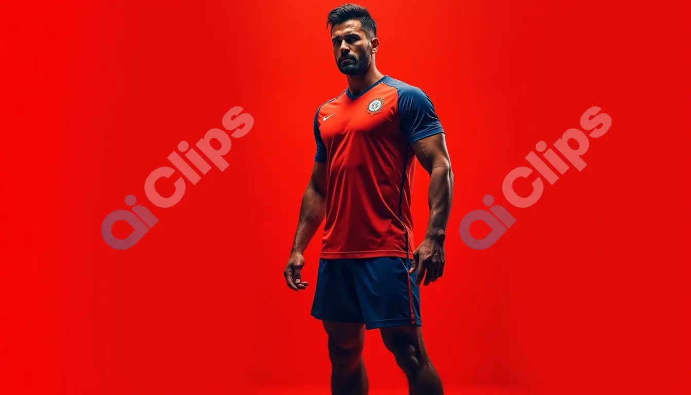 Confident Athlete in Red and Blue Sports Uniform on Bold Red Background