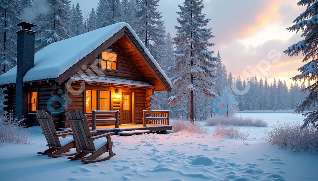 Warm Log Cabin in Snowy Winter Forest at Sunset