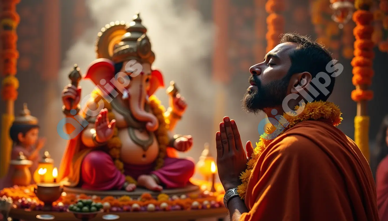 Devotee Offering Prayers to Lord Ganesha in a Decorated Temple