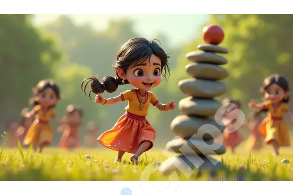 Village Girls Playing Lagori - 3D Cultural Heritage Illustration