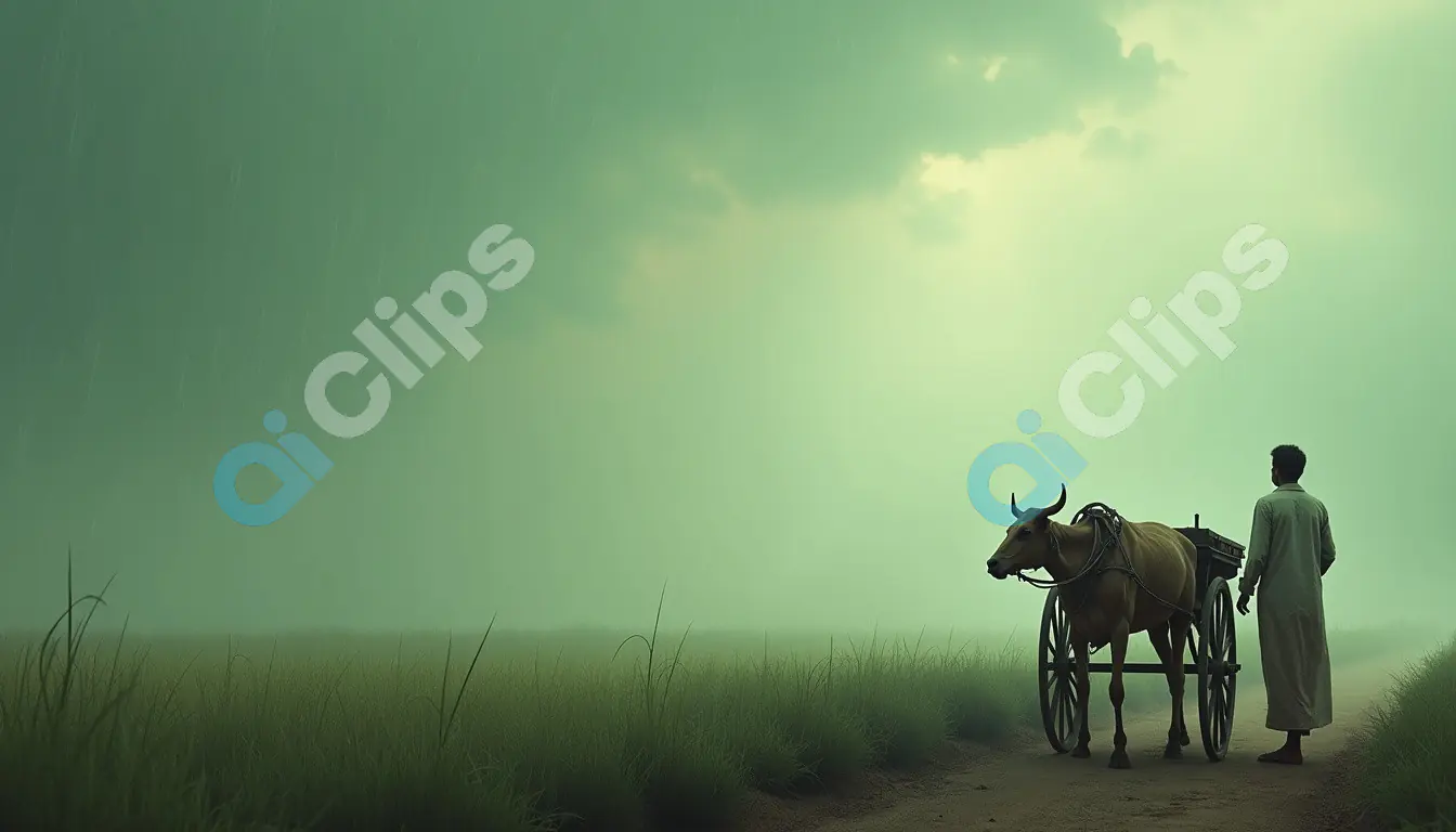 Indian Farmer with Bullock Cart in Misty Green Fields
