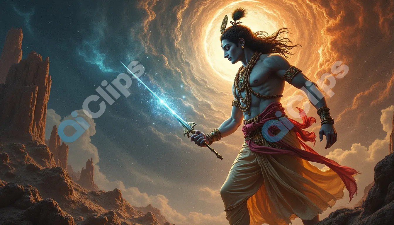 Mythological Warrior Wielding a Glowing Sword Under Cosmic Energy