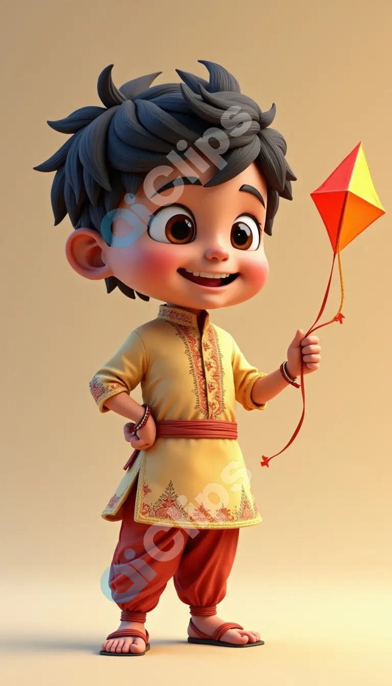Joyful Cartoon Indian Boy with Kite in Traditional Kurta