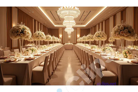 Luxurious Wedding Banquet Hall with White Floral Arrangements and Chandeliers