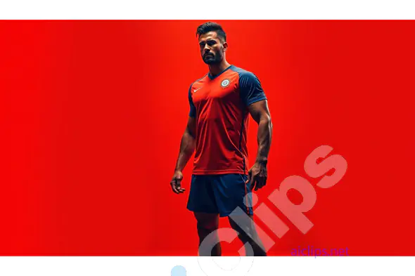 Confident Athlete in Red and Blue Sports Uniform on Bold Red Background