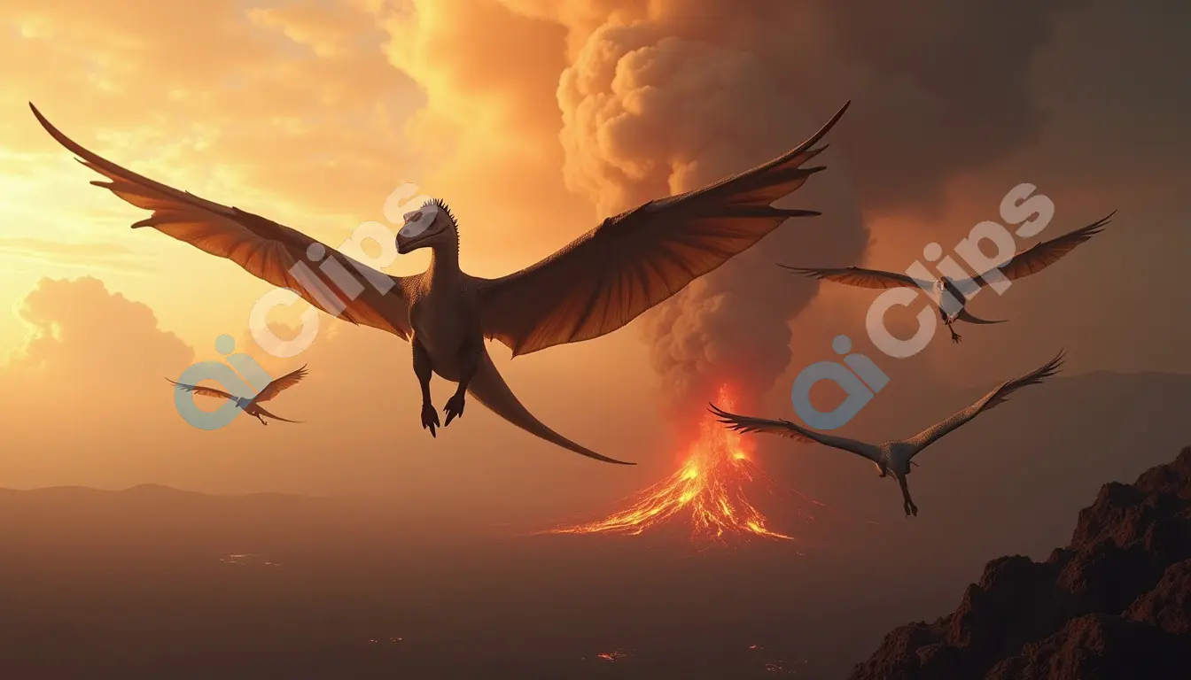 Flying Dinosaurs over Erupting Volcano at Sunset