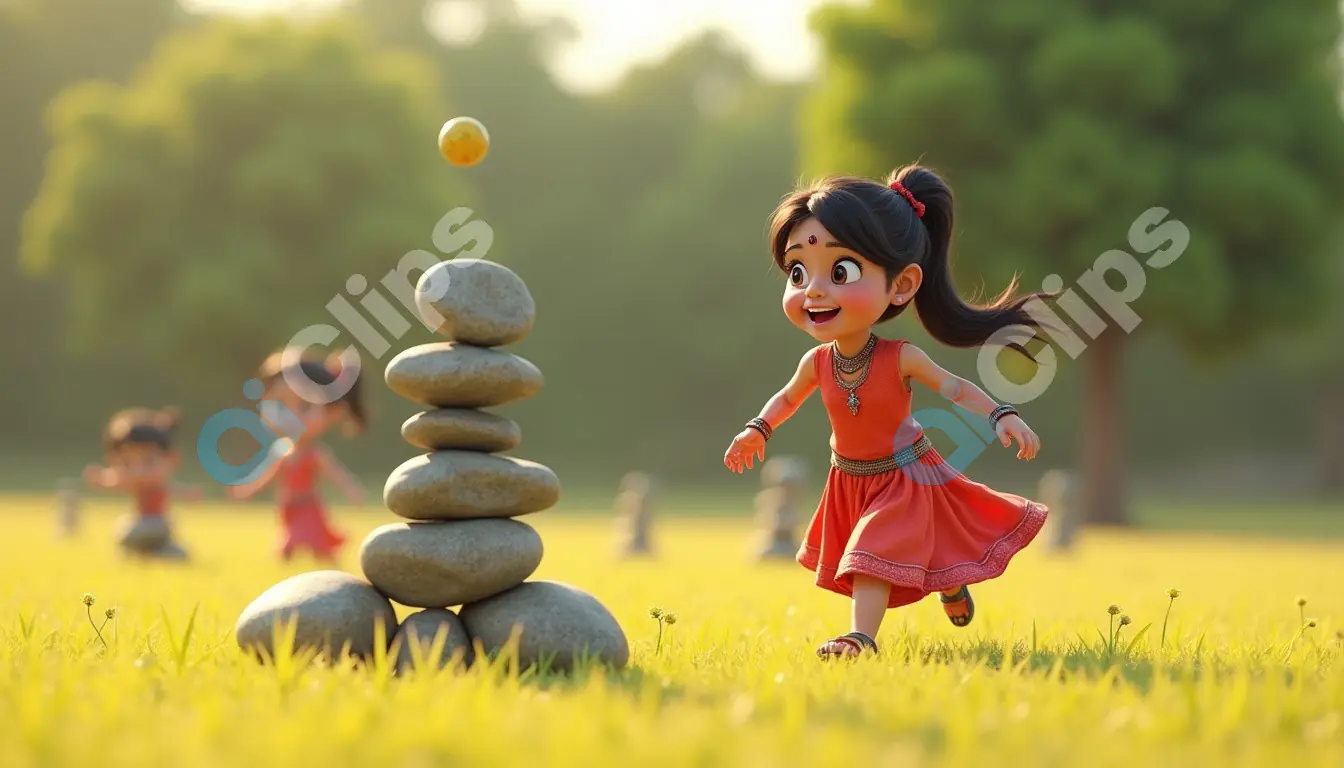 Excited Village Girl Playing Lagori - 3D Illustration
