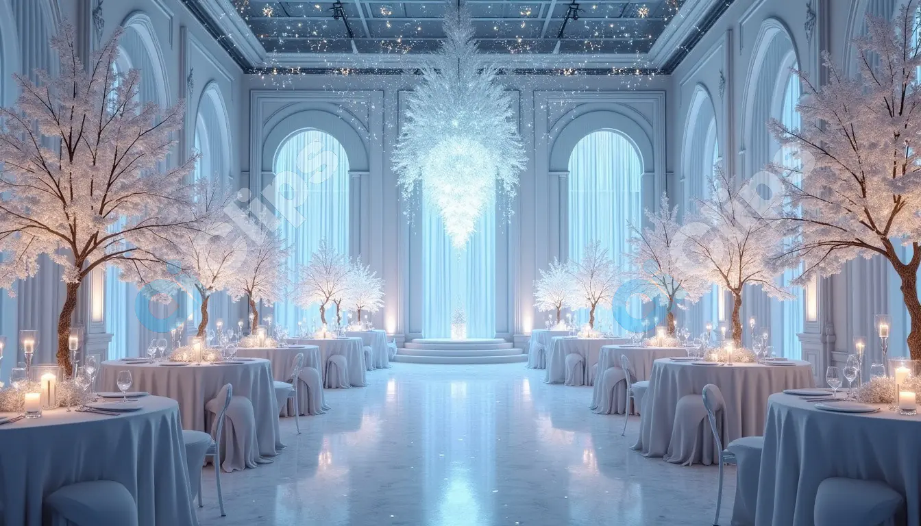Elegant Winter Ballroom with Frosted Trees and Crystal Chandeliers