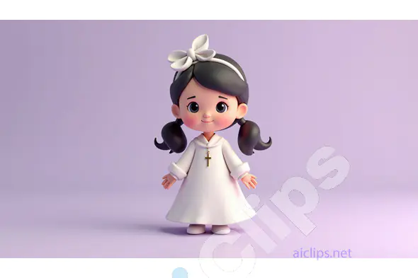 Cute Cartoon Girl with Pigtails in White Dress and Cross Necklace