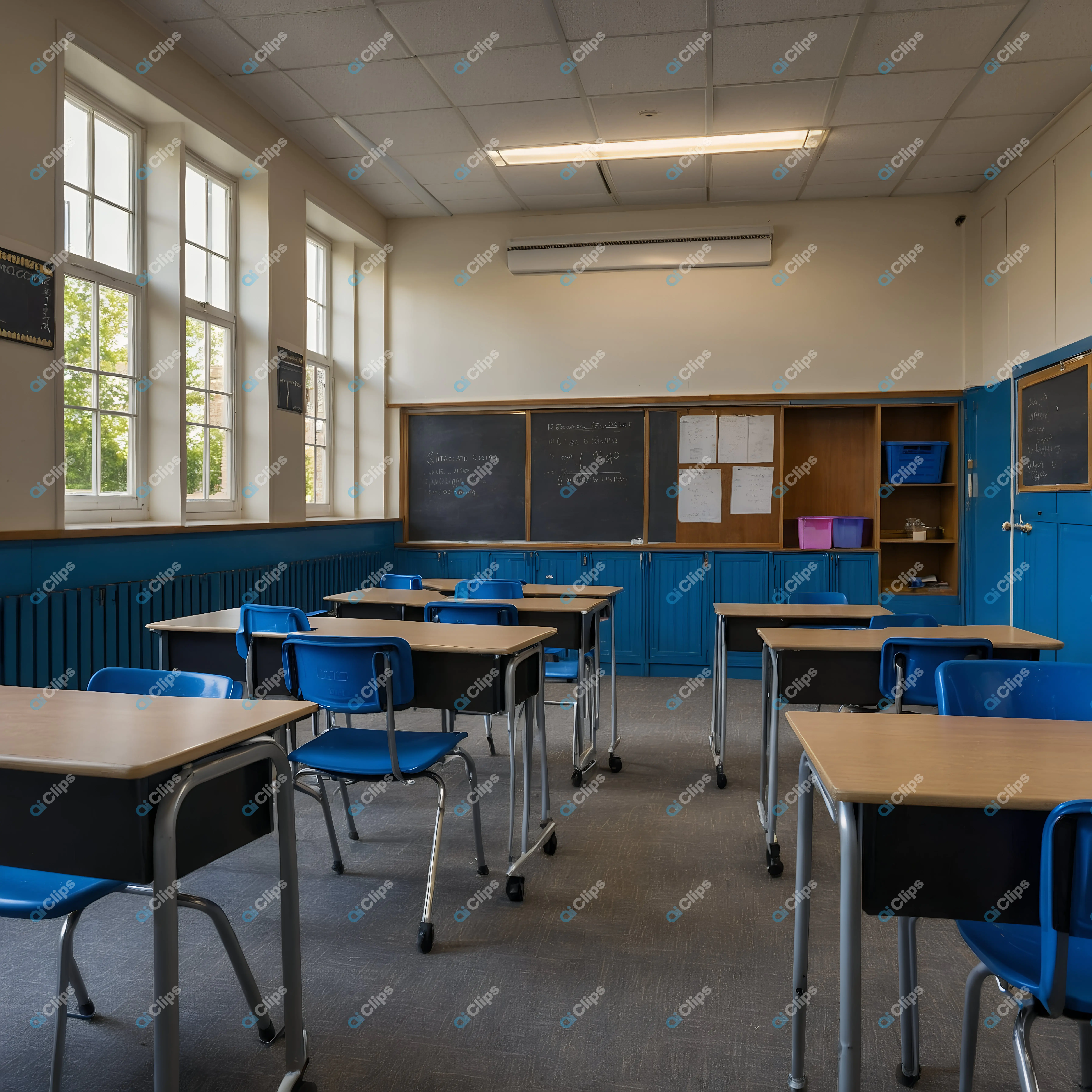 Empty Classroom with Blue Chairs