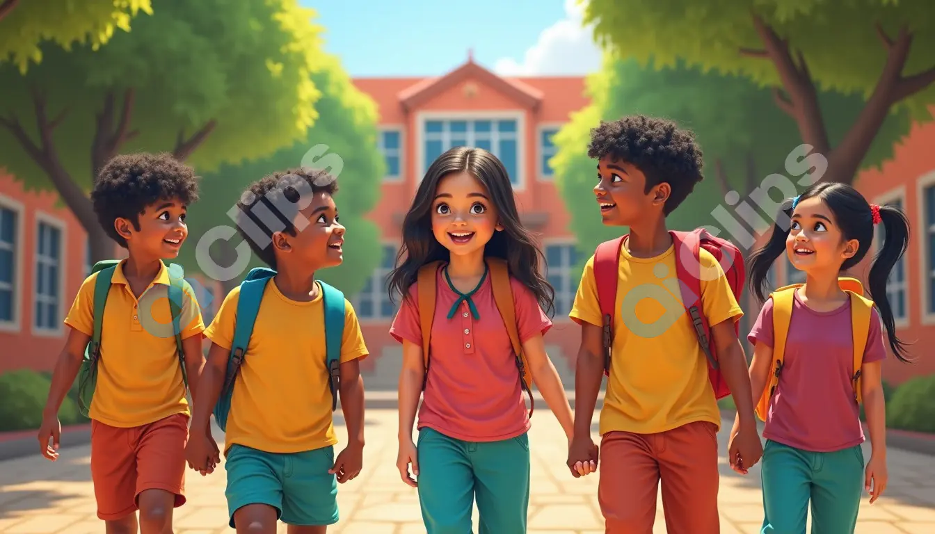 Happy School Children Walking Together