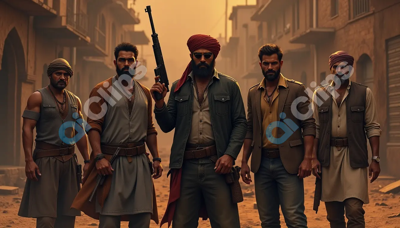 Cinematic Group of Warriors in Traditional Attire
