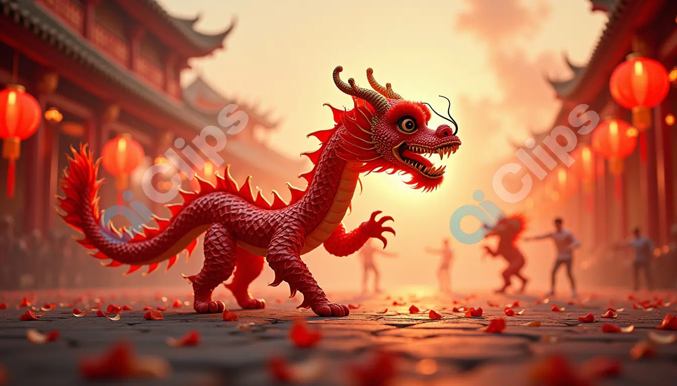 Vibrant Red Dragon in Chinese New Year Festival Setting
