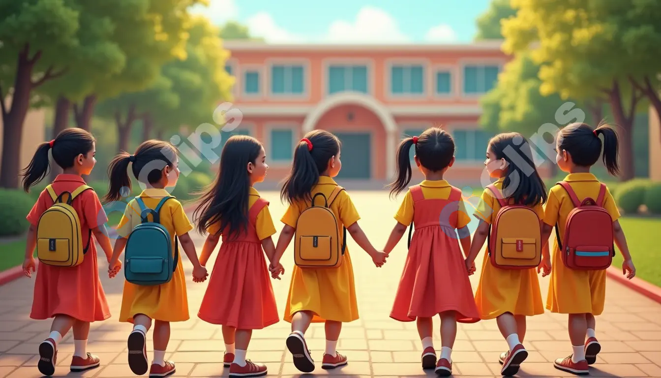Group of Schoolgirls Walking Hand in Hand