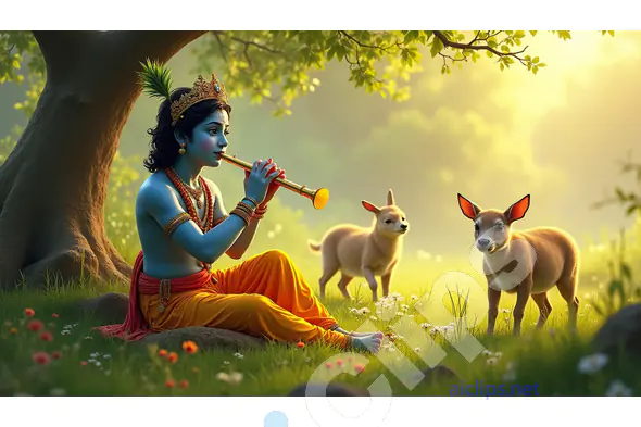 Lord Krishna Playing Flute in the Forest with Baby Deer