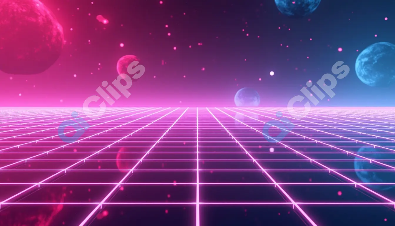 Retro-Futuristic Neon Grid with Floating Planets