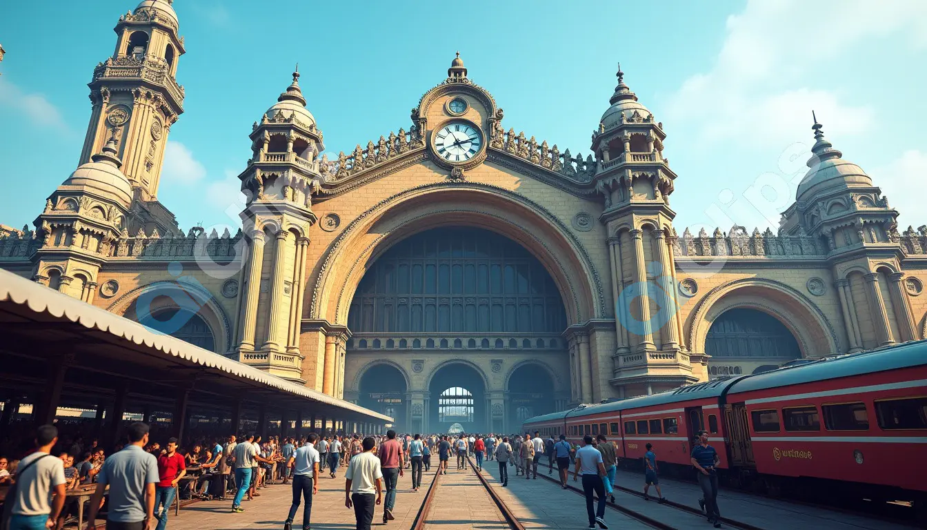 Colonial Indian Railway Station with Clock Tower and Arched Facade