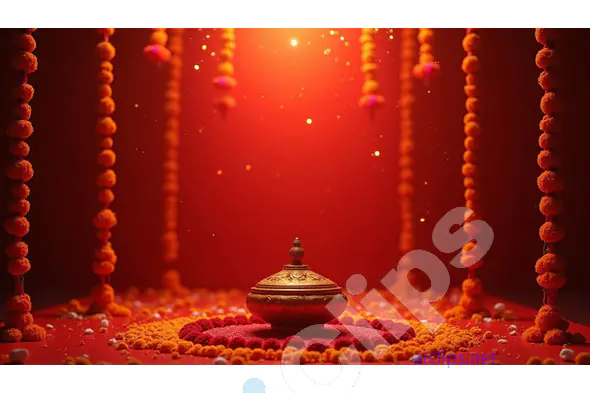 Traditional Kalash with Marigold Garlands on Red Background