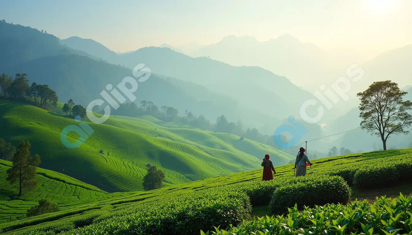 Tea Plantation Workers in a Misty Green Valley