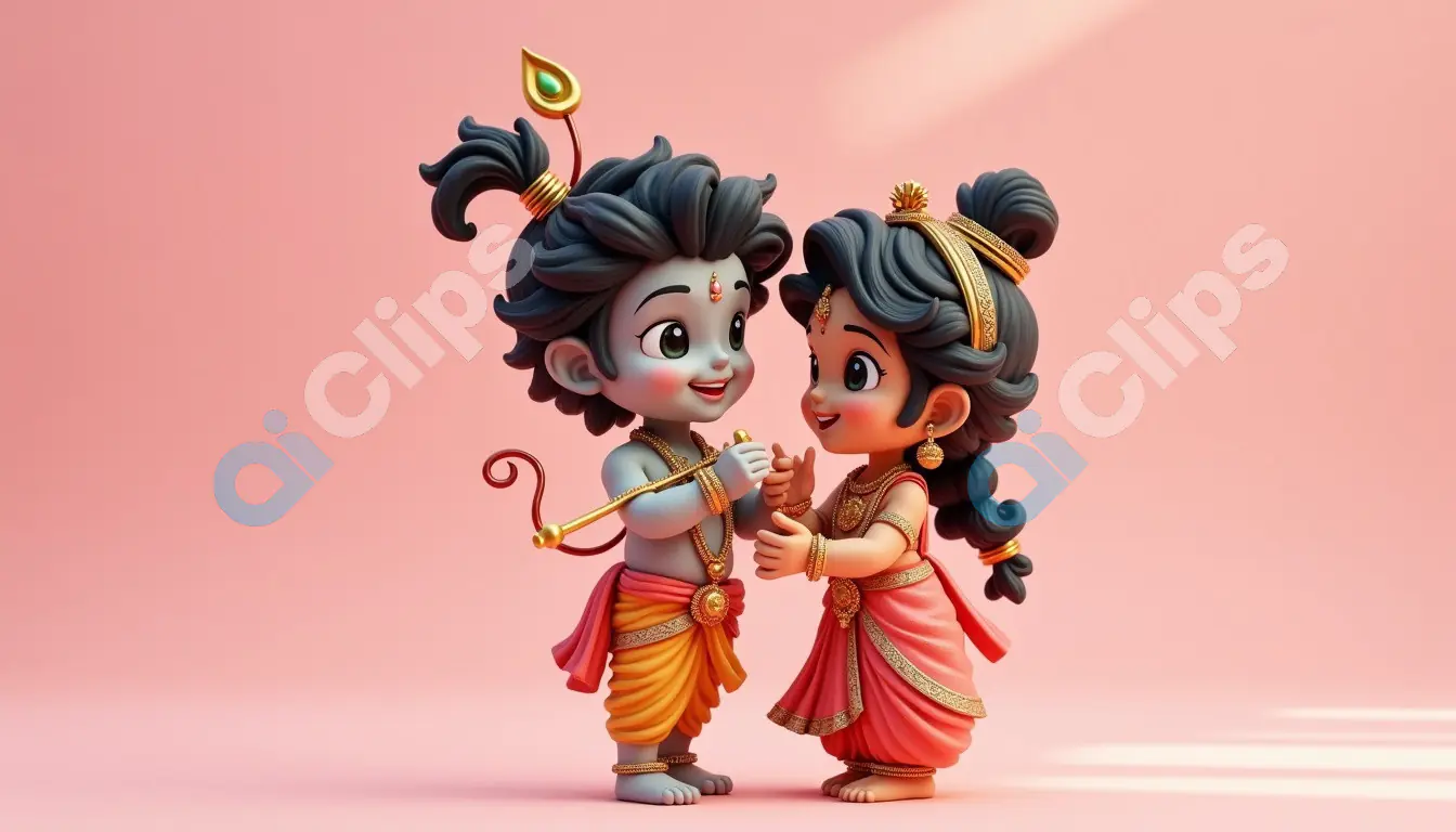 Playful Cartoon Radha & Krishna in Joyful Interaction