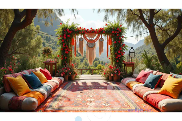 Bohemian Outdoor Wedding Setup with Macrame and Floral Decor