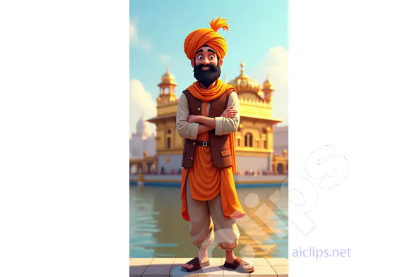 Animated Sikh Character in Traditional Attire at the Golden Temple