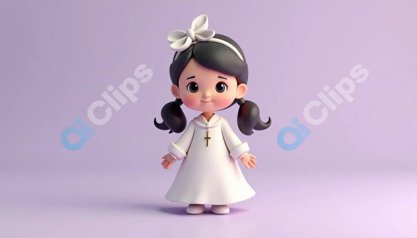 Cute Cartoon Girl with Pigtails in White Dress and Cross Necklace