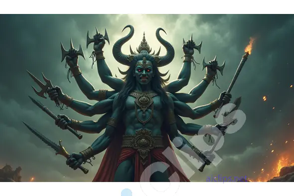 Fierce Goddess Kali with Multiple Arms and Weapons