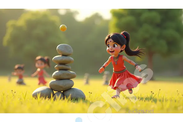 Excited Village Girl Playing Lagori - 3D Illustration