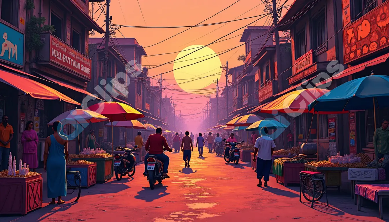 Indian Market Street with Vibrant Umbrellas at Sunset
