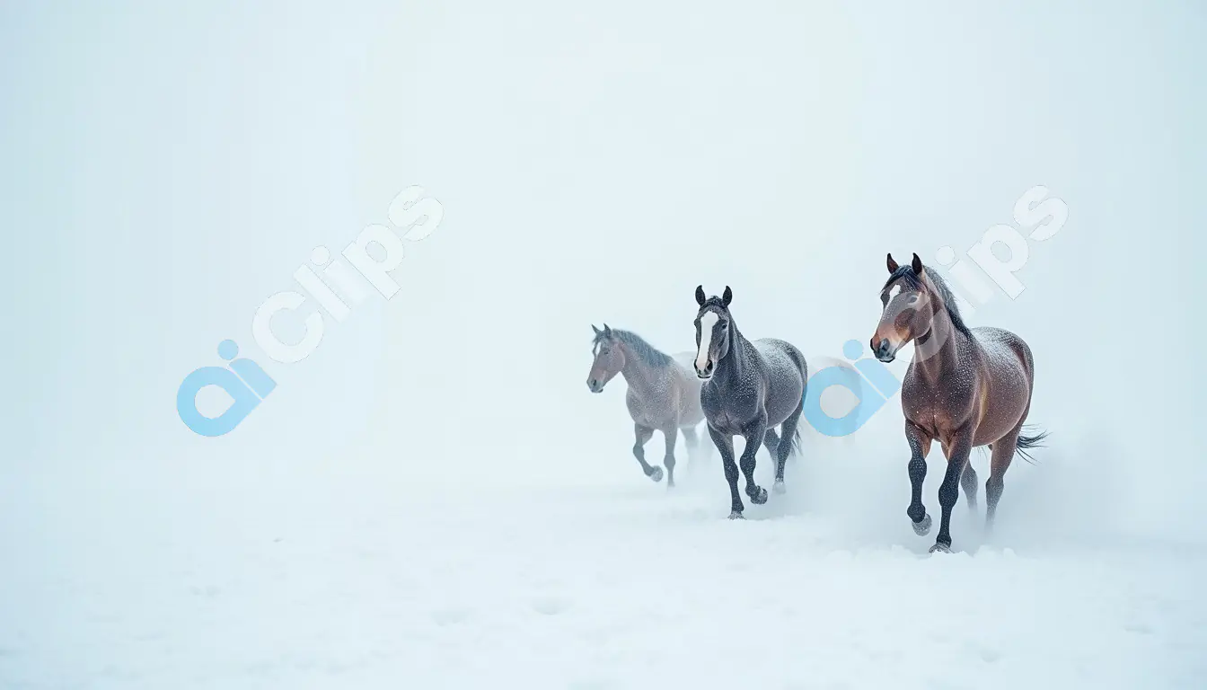 Wild Horses Galloping Through Snowy Landscape
