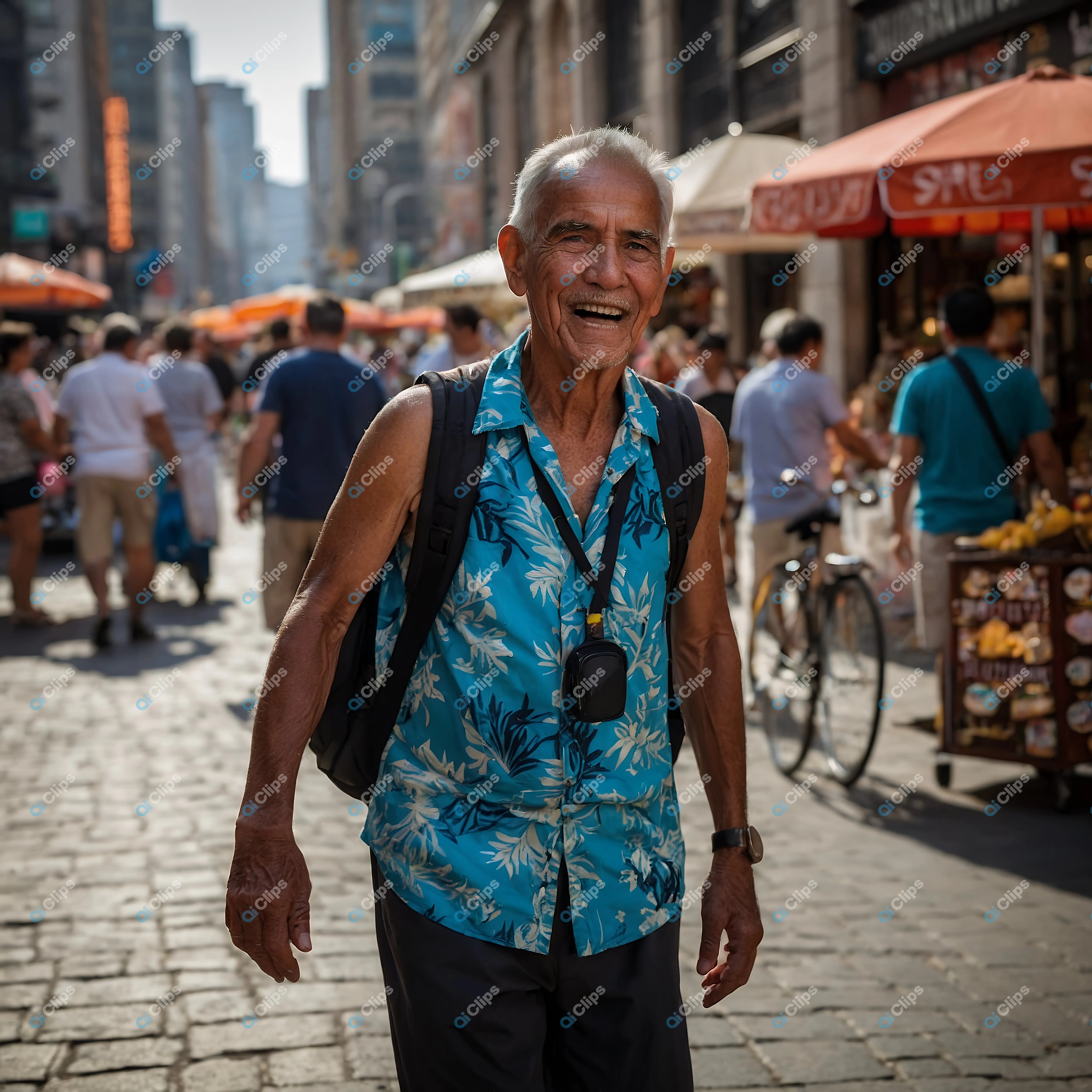 Happy Tourist in a Bustling Market
