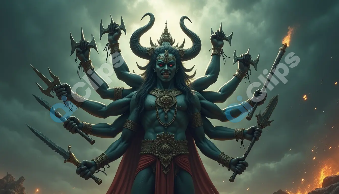Fierce Goddess Kali with Multiple Arms and Weapons