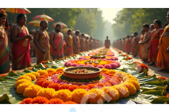 Grand Onam Pookalam Celebration with Traditional Attire and Festivities