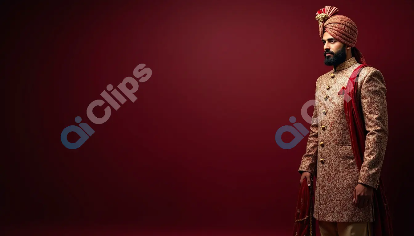 Indian Groom in Traditional Sherwani with Red Background