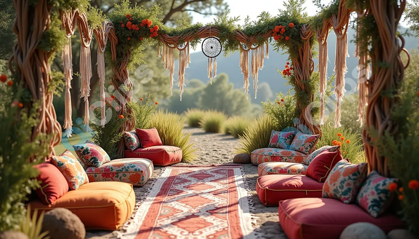 Bohemian Outdoor Wedding Setup with Macrame and Floral Decors